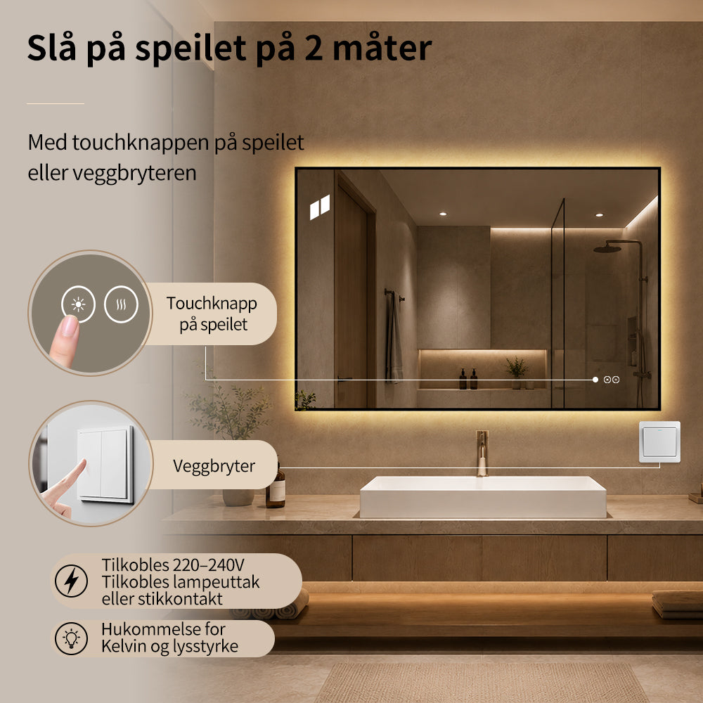 Rektangulært Speil med LED-lys og Antidugg 120x80 cm - Svart ramme 90º