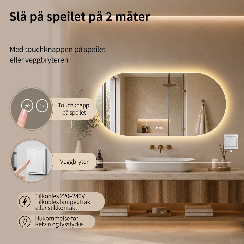 Ovalt Speil med LED-lys og Antidugg 150x80 cm