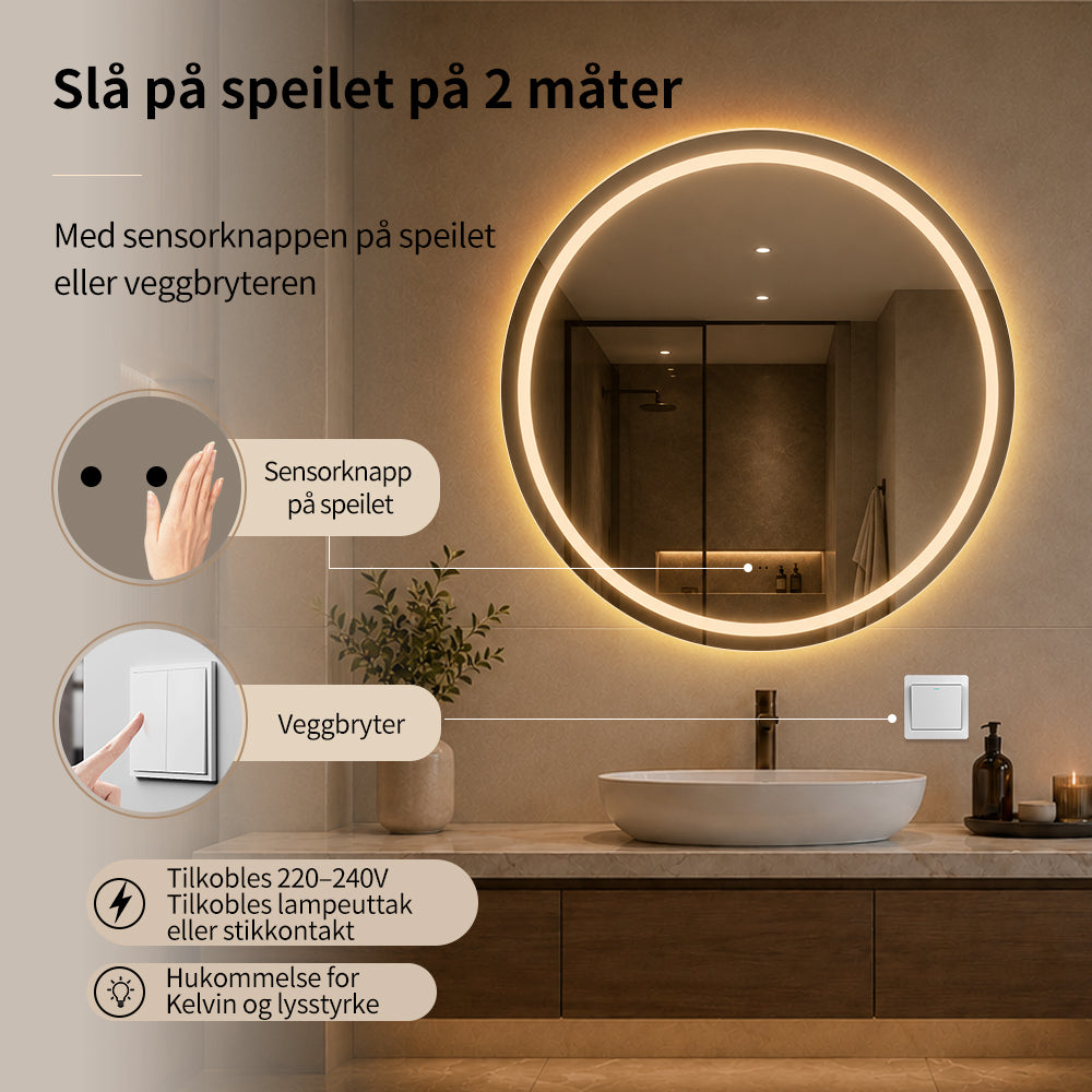 Rundt Speil med Frontlight LED-lys og Antidugg Ø90 cm