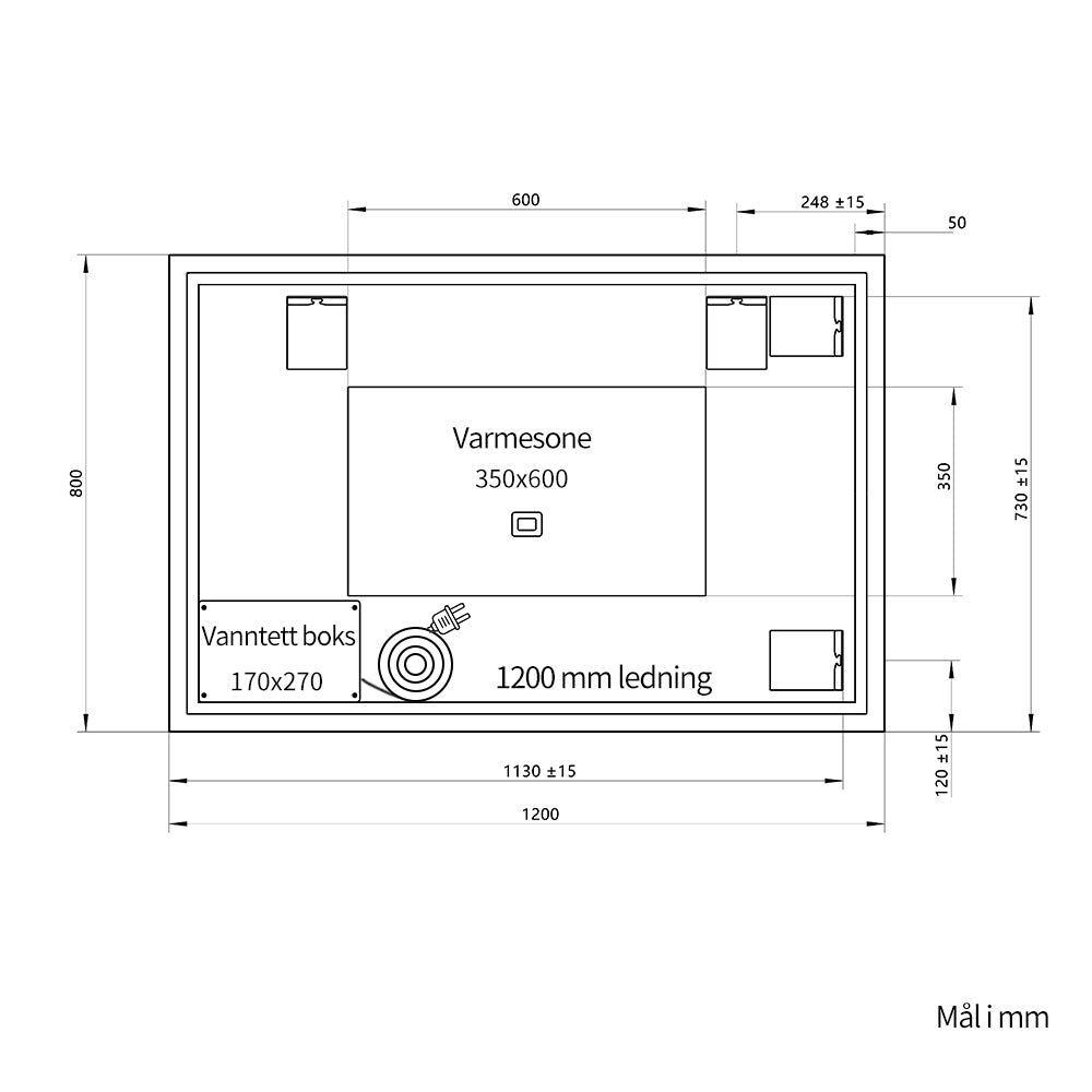 Rektangulært Speil med LED-lys og Antidugg 120x80 cm - Svart ramme 90º