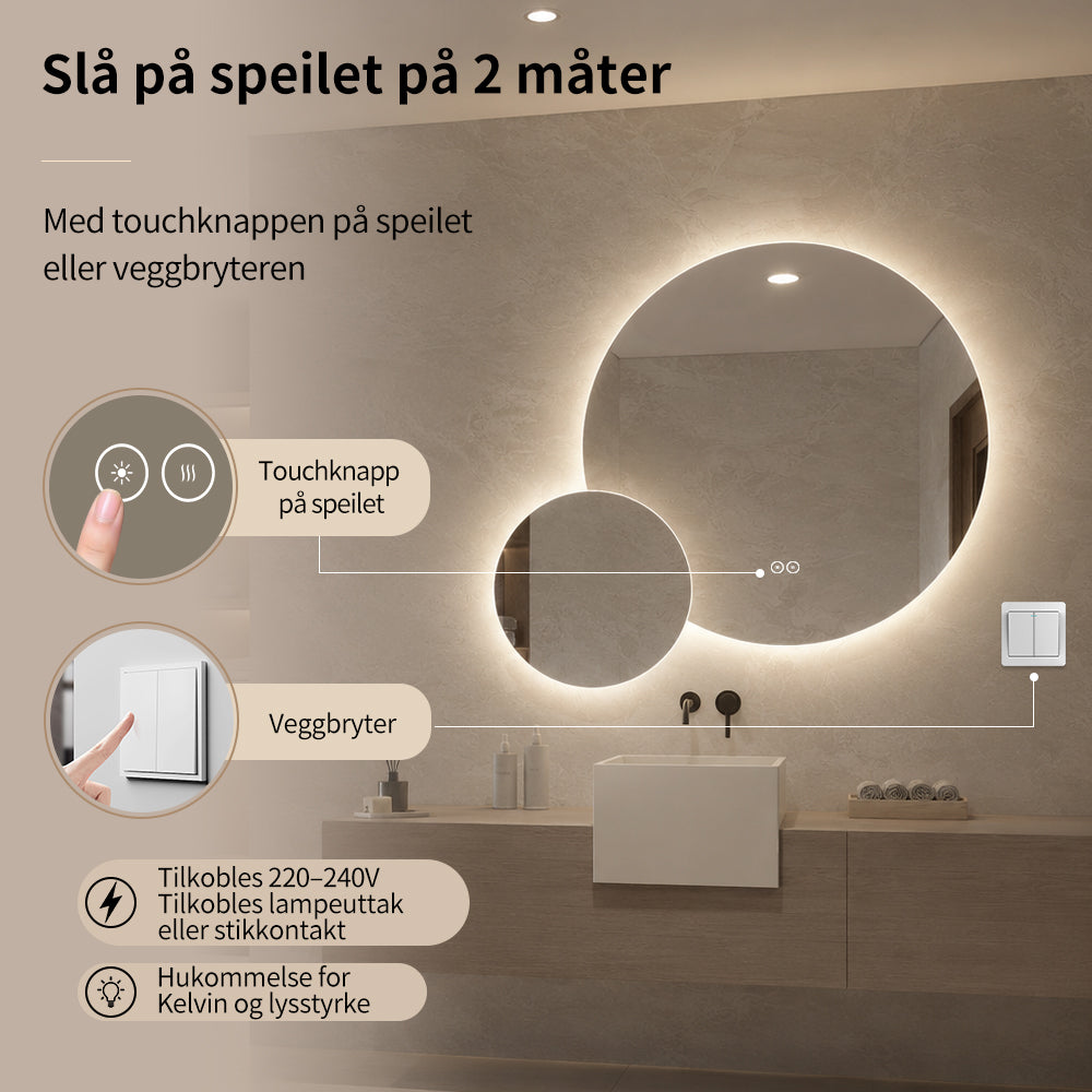 Dobbelt speil med LED-lys og Antidugg Ø80 + Ø40 cm (Høyrevendt)