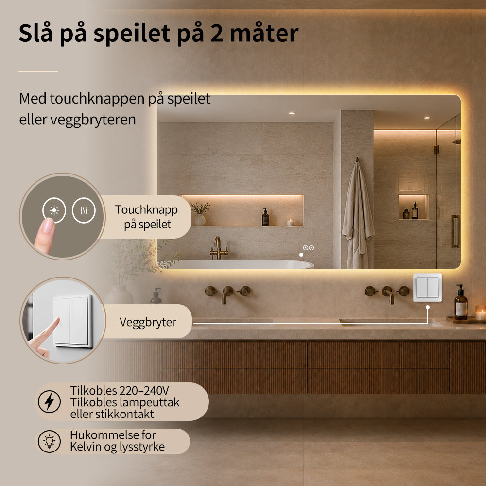 Rektangulært Speil med LED-lys og Antidugg 140x80 cm