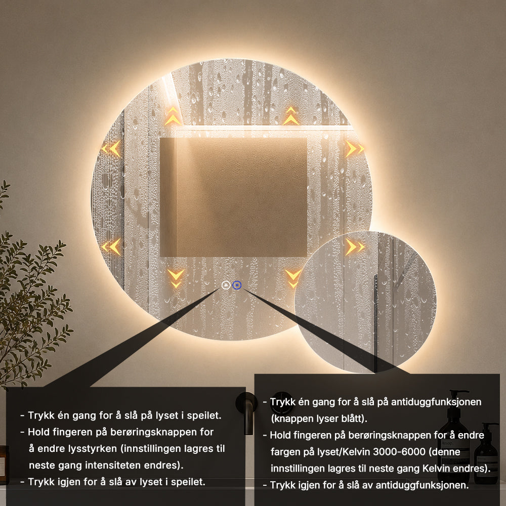 Dobbelt speil med LED-lys og Antidugg Ø80 + Ø40 cm (Venstrevendt)
