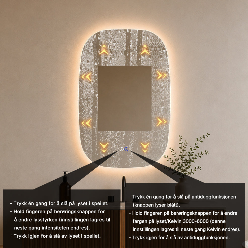 Elliptisk speil med LED-lys og Antidugg 60x90 cm