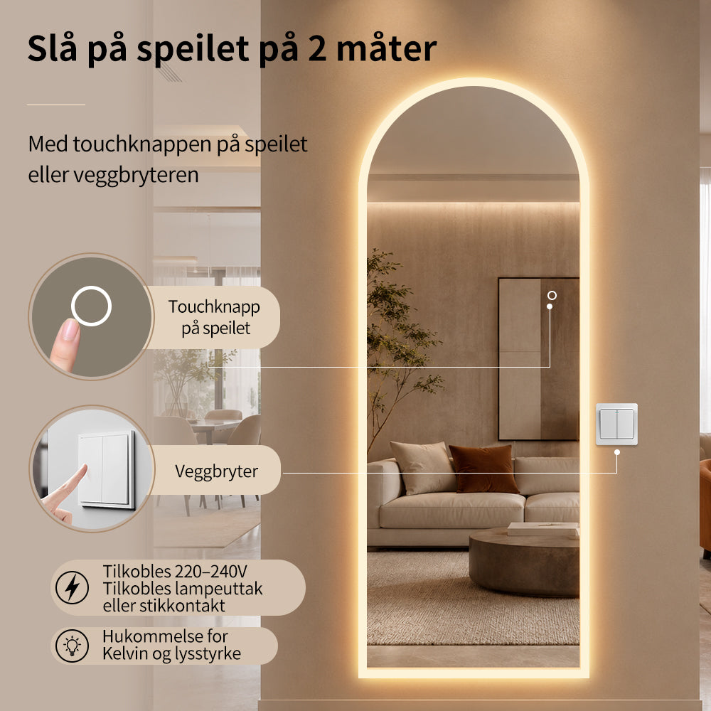 Helfigur Speil med LED-lys 65x170 cm, buet topp