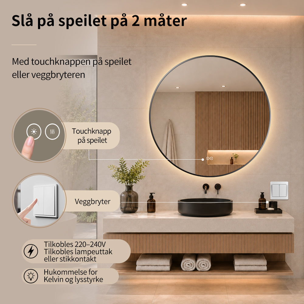 Rundt speil med LED-lys og Antidugg Ø90 cm m/Svart Ramme