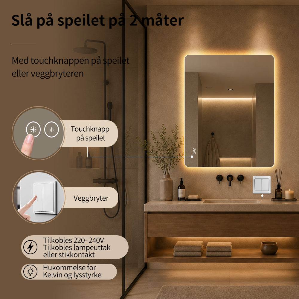 Rektangulært Speil med LED-lys og Antidugg 80x100 cm