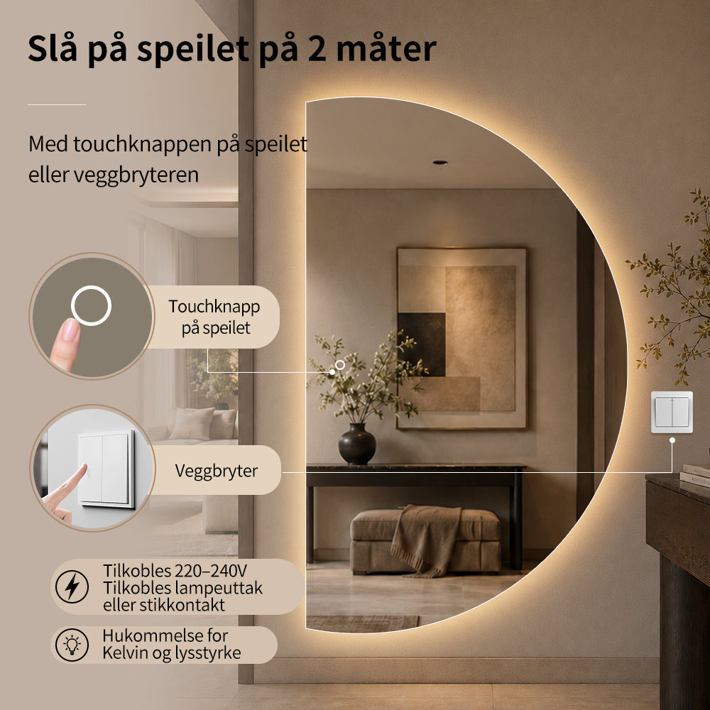 Halvsirkel speil med LED-lys 120x200 cm (Høyrevendt)