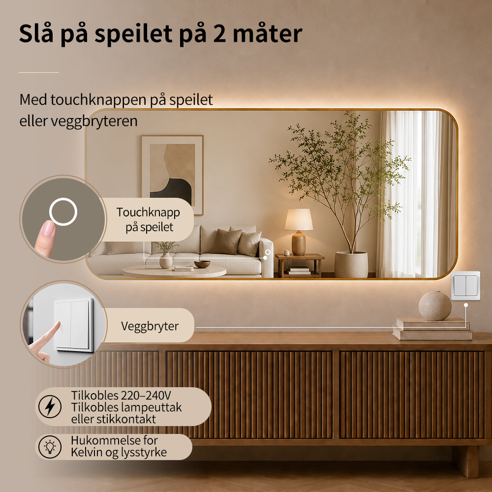 Rektangulært Speil med LED-Lys 180x80 cm - Gull ramme
