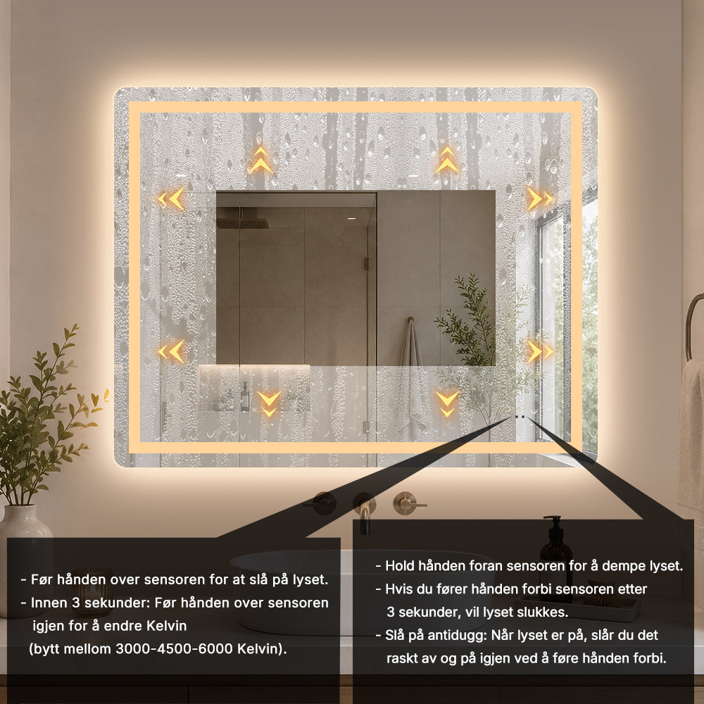 Firkantet Speil med Frontlight LED-lys og Antidugg 100x80 cm