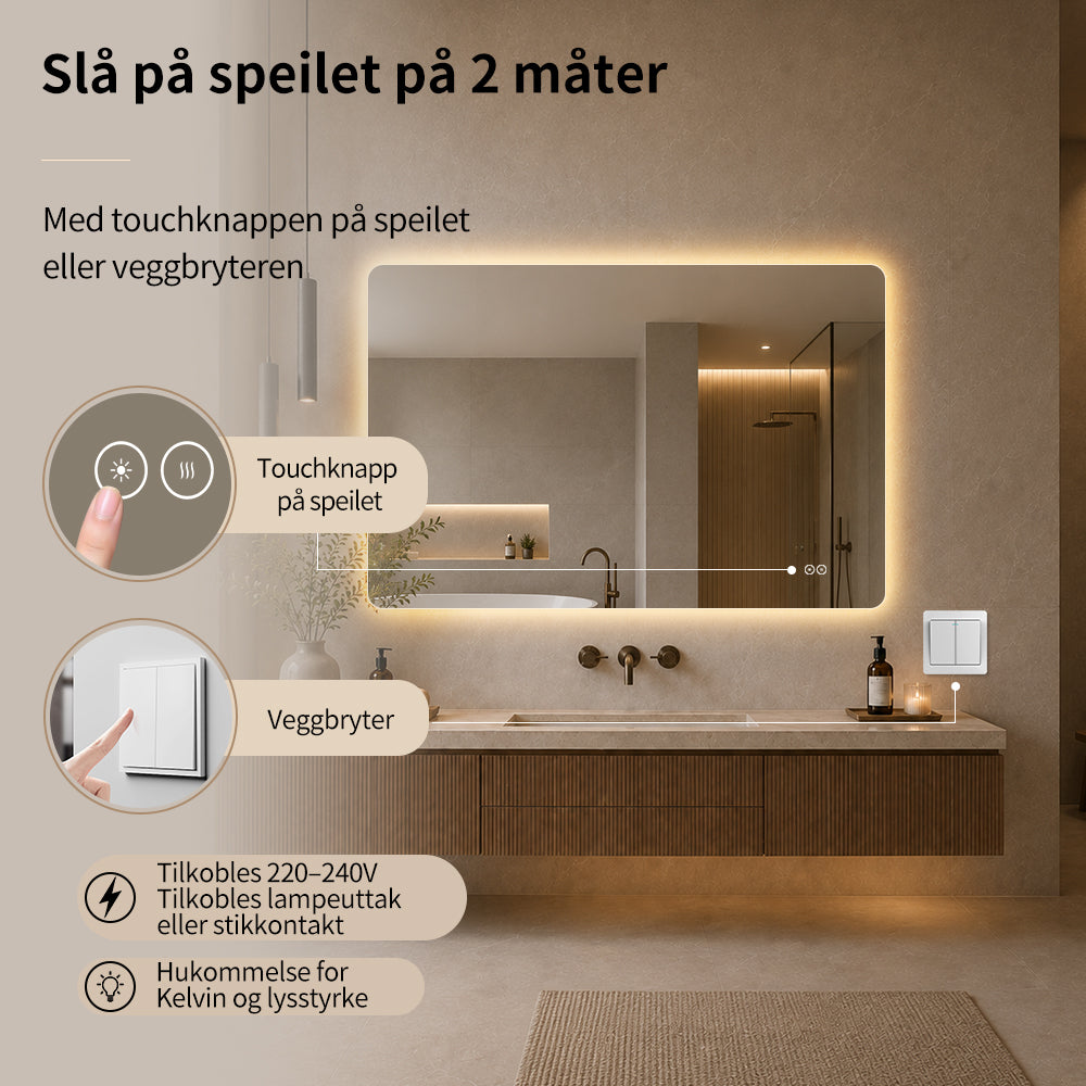 Rektangulært Speil med LED-lys og Antidugg 120x80 cm