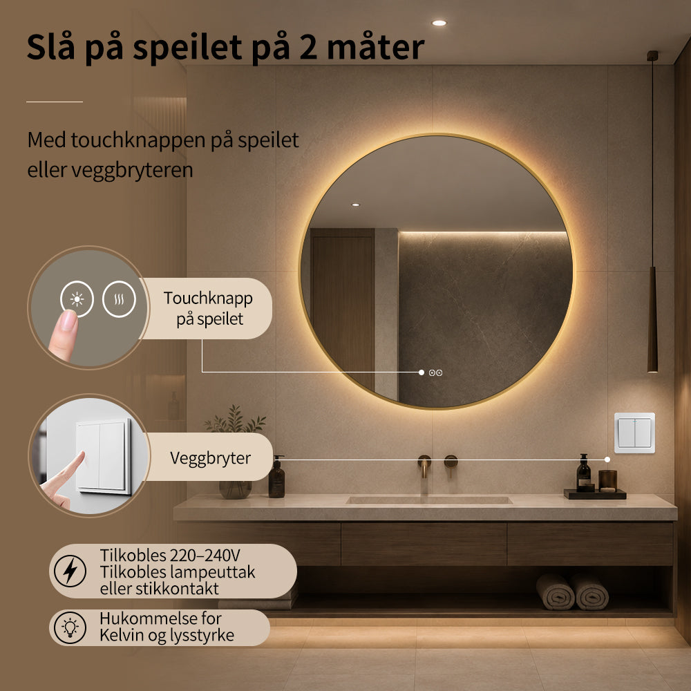 Rundt speil med LED-lys og antidugg Ø90 cm m/Gull Ramme