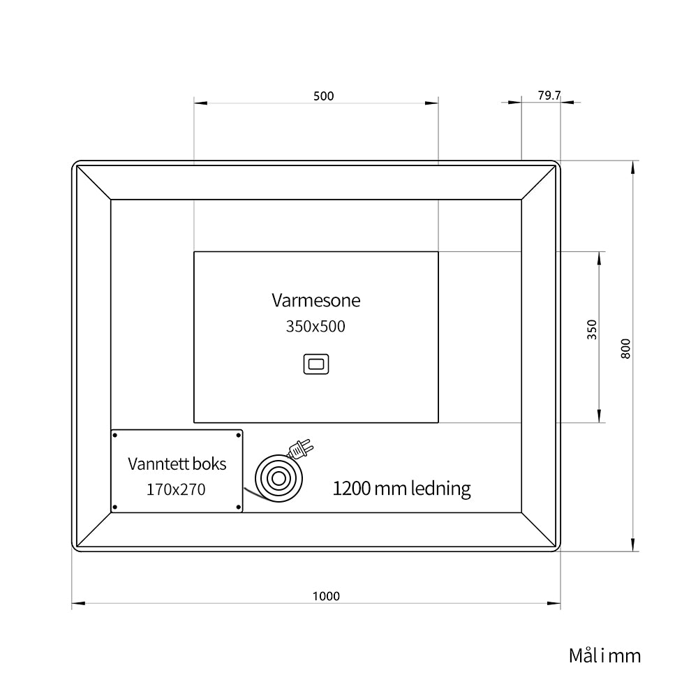 Firkantet Speil med Frontlight LED-lys og Antidugg 100x80 cm