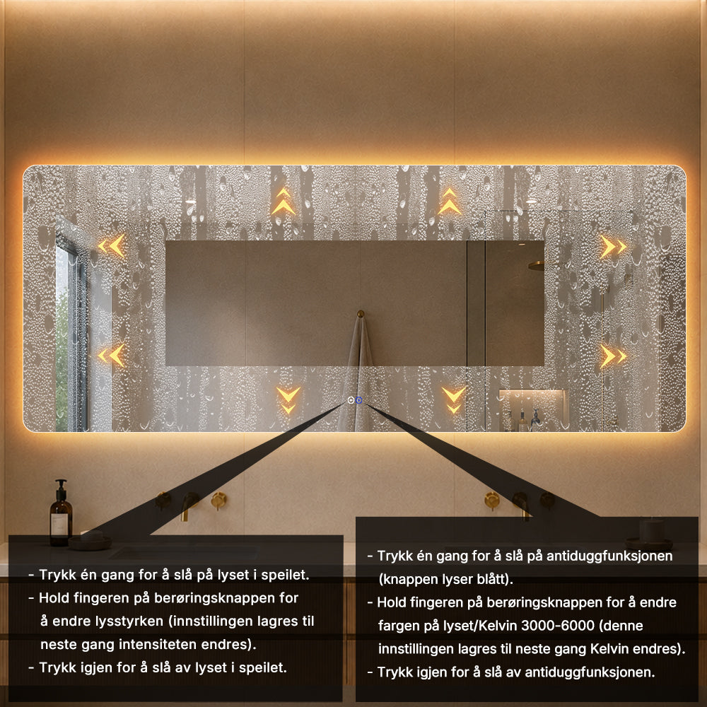 Rektangulært Speil med LED-Lys og Antidugg 200x80 cm