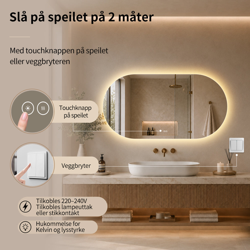 Ovalt Speil med Lys og Antidugg 140x80 cm
